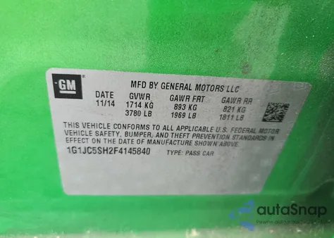 2015 Chevrolet Sonic Lt z USA, uszkodzony, nr VIN 1G1JC5SH2F4145840